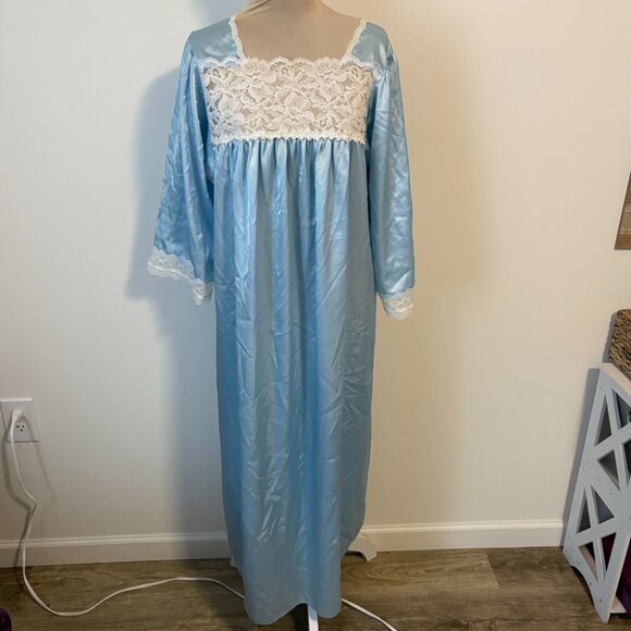 Vintage 1960's Christian Dior Blue Satin Lace Nightgown Maxi 3/4 Sleeve XXL - Picture 1 of 10